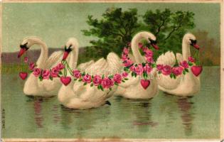 Swans with hearts, M.S.i.B. 13743. floral Emb. litho