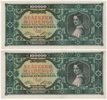 1946. 100.000Milpengő (2x) elő- és hátlapon egyaránt felcsúszott nyomat + kevés ugrású sorozatszámok, erős sötét nyomat T:I