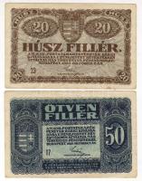 1920. 20f + 50f mindkét példányon elcsúszott alapnyomatok + 50f hátoldalán nyomdafesték maradványok T:II+