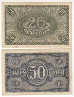 1920. 20f + 50f mindkét példányon elcsúszott alapnyomatok + 50f hátoldalán nyomdafesték maradványok ...