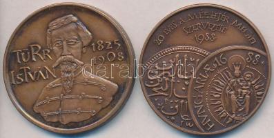 Fritz Mihály (1947-) 1988. "20 éves a MÉE Fejér Megyei Szervezete / Török kivonulásának 300. évfordulója" Br emlékérem (42,5mm) + Lantos Györgyi / Szabó Géza (1939-) 1988. "MÉE XIX. Vándorgyűlése Baja / Türr István" Br emlékérem (42,5mm) T:1-