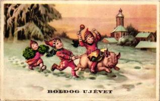 New Year, children with pig and clover, Pittius