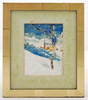 Olvashatatlan jelzéssel: Téli táj, zománc, paszpartuban, fa keretben, 14×10 cm