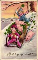 New Year, sledging children with pigs, clover, EAS 6714. (EK)