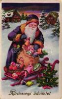 Christmas, Santa Claus, sleigh, bag of presents, golden decoration