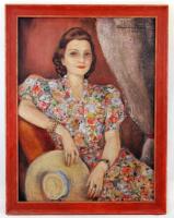 Kliené Róna Klára (1901-1987): Nő virágos ruhában. Olaj, vászon, jelzett, fa keretben, 90x65 cm