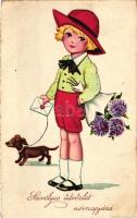 Name day greeting card, girl with dog (EK)