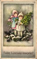 Christmas, children with pine tree, Offset 0514. (EK)