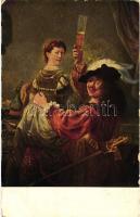 Rembrandt with his wife Saskia, Senftenberger Krone-Brikett-Serien I. Bild 2., advertisement on the backside s: Rembrandt, Rembrandt a feleségével Saskiaval, másik oldalán reklámmal, s: Rembrandt