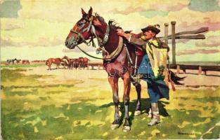 Hortobágy, csikós az itatónál s: Benyovszky (EK)