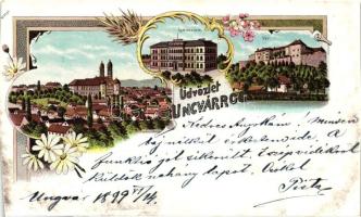 1899 Ungvár, Gymnasium, vár / secondary school, castle, floral, litho (cut)