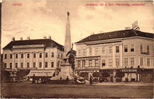 Arad, Andrássy tér, Szentháromság szobor, Fehér Kereszt szálloda és kávéház, Schwarz Zsigmond, Eisele János és Neumann M. üzlete / square, statue, hotel, cafe, shops (EK)