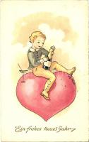 New Year, boy with champagne, heart s: Schott
