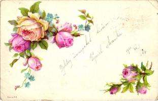 Flowers greeting card, roses, Serie 44. litho (EB)