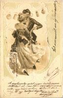 Romantic dancing couple, lanterns, Art Nouveau Emb. litho (EK)