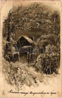 Winter landscape, cottage, Winkler & Schorn Mondschein-Postkarte Serie XII. 99. silver decoration litho s: Fred Hines (small tear)