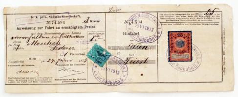 1913 K.k. priv. Südbahn-Gesellschaft 3. osztályára kiállított menetjegy 1 Krone és 25 Heller okmánybélyeggel / 1913 K.k. priv. Südbahn-Gesellschaft railway ticket with 1 Krone & 25 Heller stamps