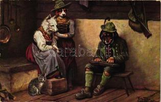 Der Zitherspieler auf der Alm (nach Defregger) / Hunter dog with zither, T.S.N. Serie 1128. s: Arthurt Thiele (wet damage)