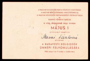 1956 A Magyar Dolgozók Pártjának és Budapest Főváros Tanácsának meghívója a május elsejei felvonulásra