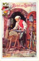 Michel am Schleifstein / sword sharpener, propaganda, Bund der Deutschen in Böhmen Bundeskarte 196. s: Hans Kaufmann
