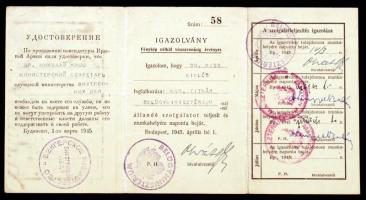 1945 Bp., A belügyminisztérium által a miniszteri titkár számára kiállított kétnyelvű igazolvány