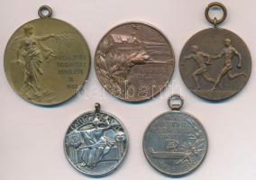 ~1915-1940. 5db klf sportérem, közte "Magyar Athletikai Club 1875" Br emlékérem, "II. Kerületi Ponty Utcai Felsőkereskedelmi Iskola Versenydíja" ezüstözött Br díjérem T:vegyes