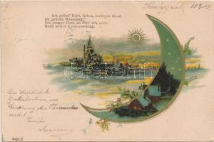 Hold üdvözlő képeslap, aranyozott litho, Moon greeting card, landscape, golden decoration litho