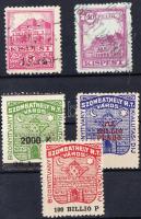 2 Kispest és 3 Szombathelyi városi illetékbélyeg (18.500)