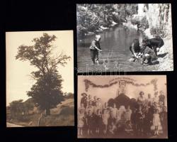 cca 1920-1930 Jelzetlen fotók: "Lesz még kikelet" irredenta csoportkép, kacsázó gyerekek a patakparton, útmenti öreg fa, 3 db fotó, 18x13 cm