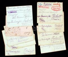 cca 1915-1916 Tábori postán keresztül küldött levelek az orosz frontról, Cholm, K.k. Krankenhaus Wieden és egyéb pecsétekkel, 9 db