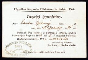 1945 Kitöltött Független Kisgazdapárt tagsági igazolvány