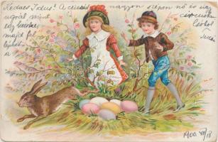 Easter, children, rabbit with eggs litho (small tear)