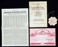 1948-1958 Szövosz Földművesszövetkezeti részjegy, az Országos Gyermekvédő Liga és Gyermekszanatórium Egyesület gyűjtésre jogosító jegye, lottóreklám, sorsjáték hivatalos nyereményjegyzéke