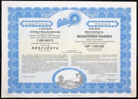 1994. Goldsun RT. részvény 1 000 000 ft + 1996. DÉMÁSZ RT. 10 000 ft névre szóló részvény szelvények...