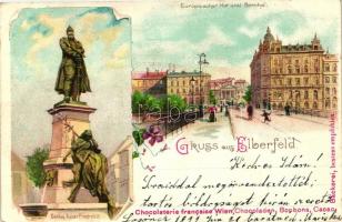 1899 Elberfeld, Europaischer Hof und Bahnhof, Denkmal Kaiser Friedrich III / railway station, floral litho