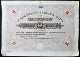 Budapest 1926. "Nemzeti Hitelintézet Részvénytársaság" részvénye 10P-ről, szárazpecséttel és szelvényekkel T:II-