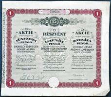 1926. Magyar-Cseh Iparbank Részvénytársaság 15P-ról szóló részvénye, német,magyar,cseh nyelven, T: II-