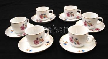 Hollóházi kávéskészlet (csésze+alj), 6 darabos, matricás, jelzett, apró kopásnyomokkal, saját dobozában, d: 6, ill. 11,5 cm