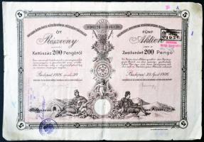 Budapest 1926. "Magyar Általános Kőszénbánya Részvénytársaság" 5db részvénye egyenként 200P-ről, szelvényekkel, szárapecséttel és bélyegzésekkel T:III