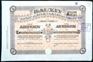 Svájc/Zürich 1923. "Bauxit Trust Részvénytársaság" 5 részvénye, összesen 50Fr-ról szelvényekkel, bélyegzésekkel T:II- Switzerland/Zurich 1923. Bauxit Trust Joint-stock company, 10 shares, all value 500 Francs, with stamps C:F