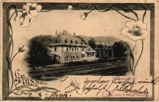 Adamov, Adamsthal; Gasthaus Felsenkeller / guest house, floral, railway (fa)