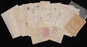 1915-1948 Vegyes okmány tétel: Mauthner Ödön fejléces levél, cukorjegy, adóívek, közgyűlési meghívó, árverési hirdetmény, közmunka könyvecske, kirovási könyv, stb.