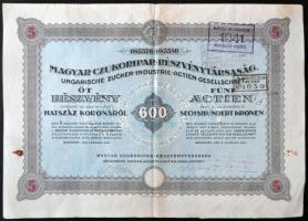 Budapest 1923. "Magyar Czukoripar-Részvénytársaság" részvénye 600K-ről szelvényekkel, felülbélyegzésekkel T:II