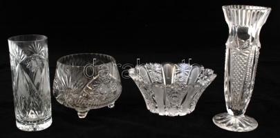 4 db különféle csiszolt kristályüveg tálka és váza, jelzés nélkül, apró csorbákkal, különböző méretb...