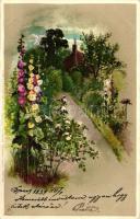 1899 Landscape with flowers, Winkler &amp; Schorn Mondschein-Postkarte Serie XI. 99115. silver decoration litho