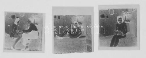cca 1960-1970 Ágyon Ágyon ülve, várakozva, 3 db akt fotónegatív, 6x6 cm / cca 1960-1970 Nude photo negatives, 6x6 cm