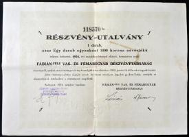 1924. Fábián féle Vas és Fémárugyár RT. Részvény utalvány 1 db 1000K ról T:III