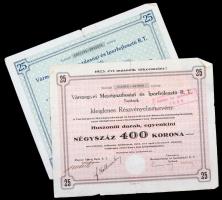 Szolnok 1925. Vármegyei Mezőgazdasági és Iparfejlesztő Rt. 25 db részvény elismervénye 400K 2 féle T:III-