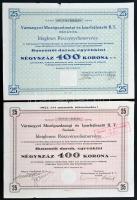 Budapest 1923-1925. &quot;Vármegyei Mezőgazdasági és Iparfejlesztő R.T. Szolnok&quot; 2db ideiglenes részvényelismervény huszonöt darab egyenként 400K névértékű részvényről, mindkettő szárazpecséttel T:III