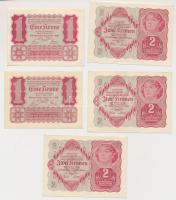 Ausztria 1922. 1K (2x) + 2K (3x) T:I,I-,II hajtatlanok Austria 1922. 1 Krone (2x) + 2 Kronen (3x) C:AU,XF unfolded
